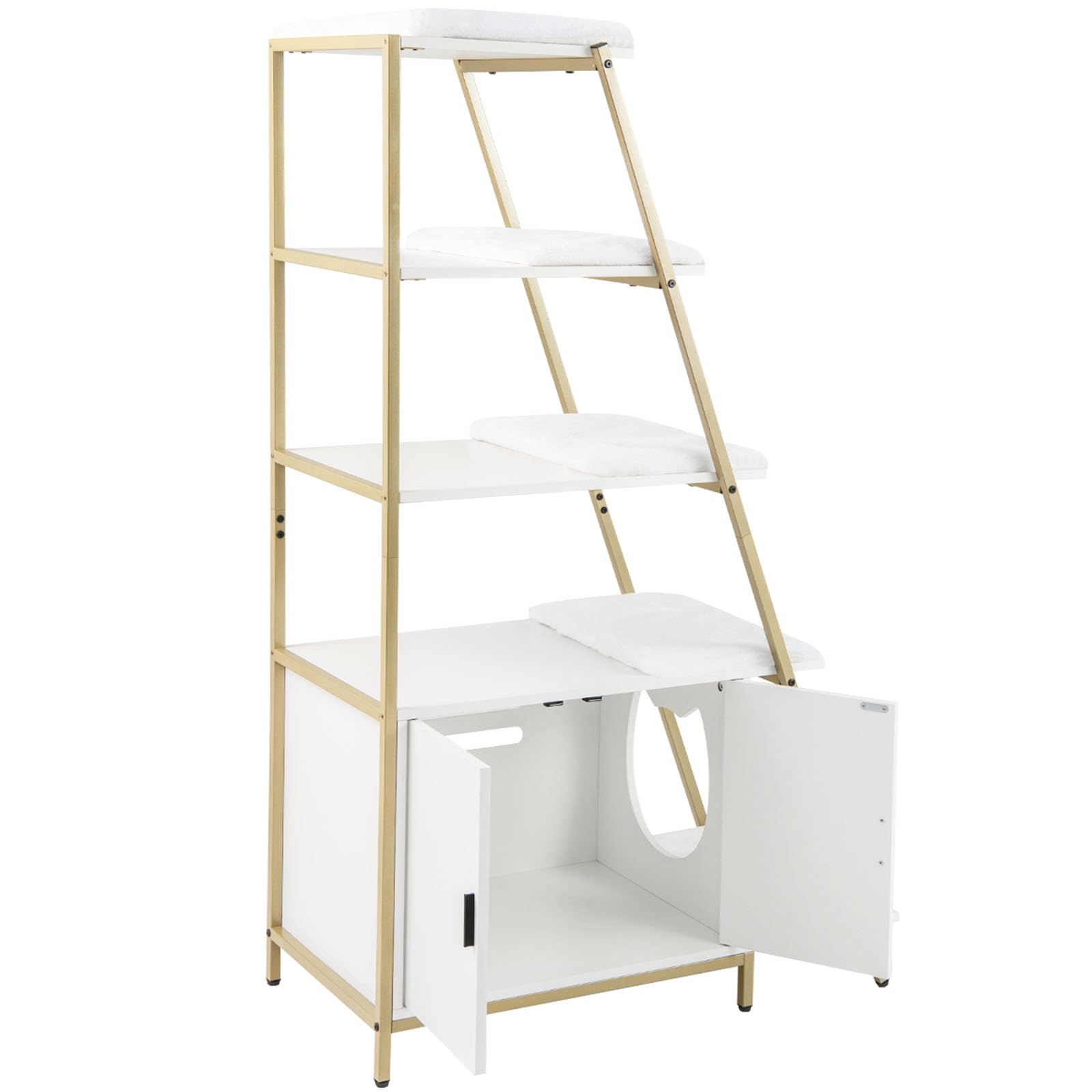 GYMAX Cat Litter Box Enclosure, Indoor Hidden Privacy Kitty Washroom with Ladder Shelf, Removable Cushions & Side Entry, Wooden Cat House Climbing Frame for Living Room Bedroom (White+Gold)