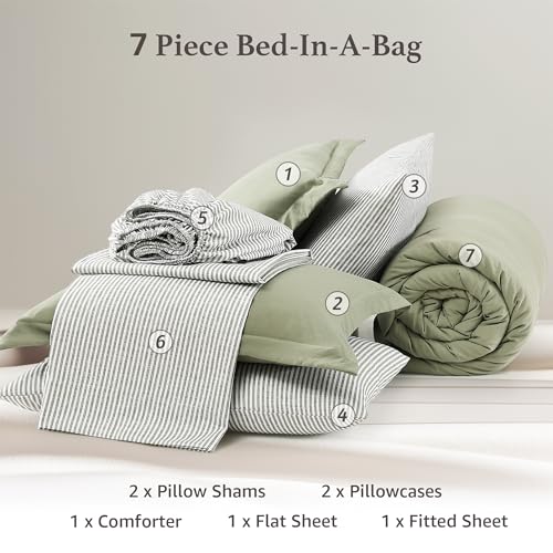 Image of Oversized King Comforter Set- 7 Pieces Soft Bed in a Bag King Bedding Set | All Season Green Prewashed Comforter with Striped Sheets, Pillowcases & Shams