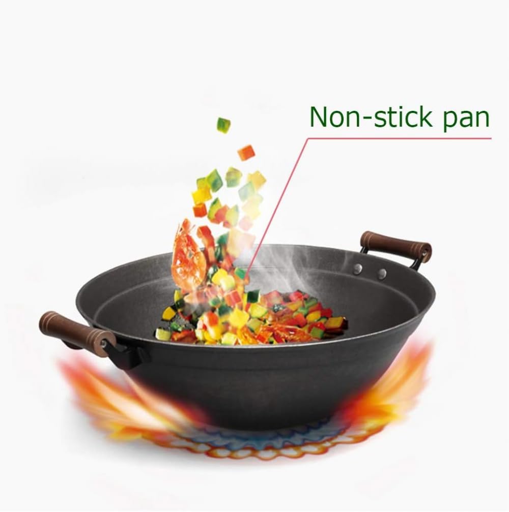 Wok in ghisa Pre-stagionato da 16 Pollici, pentola da Chef con Coperchio e Spazzola(34cm)
