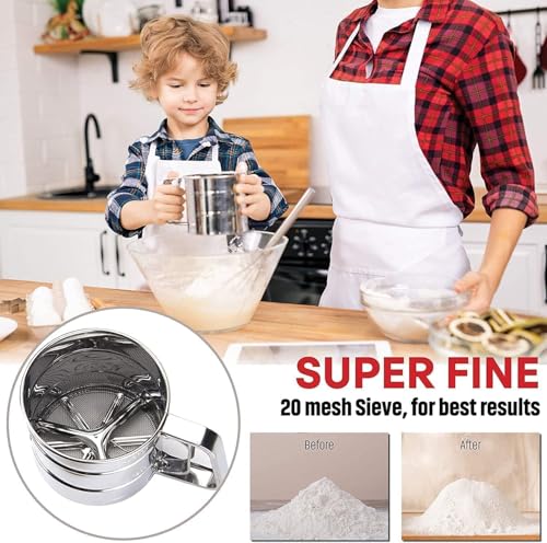Image of Stainless Steel Flour Sifter with Hand Crank Double Mesh Fine Sieve for Baking Atta Maida Sugar Cocoa Powder Kitchen Tool