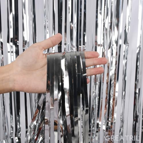 Image of Silver Streamers Metallic Party Backdrop - GREATRIL Foil Fringe Tinsel Curtain for 2026 NYE /Birthdays /Prom /New Years /Graduations /Photo Booth, 8.2ft x 3.2ft - Pack of 2