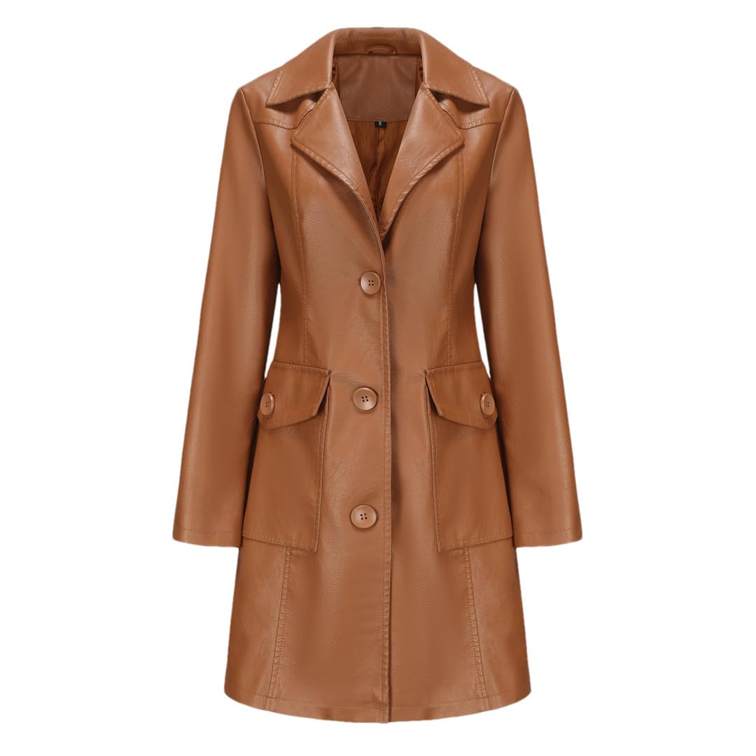 Chaqueta Larga De Cuero Sólido para Mujer Chaqueta Cortavientos Larga De Cuero Sintético Vintage para Salir