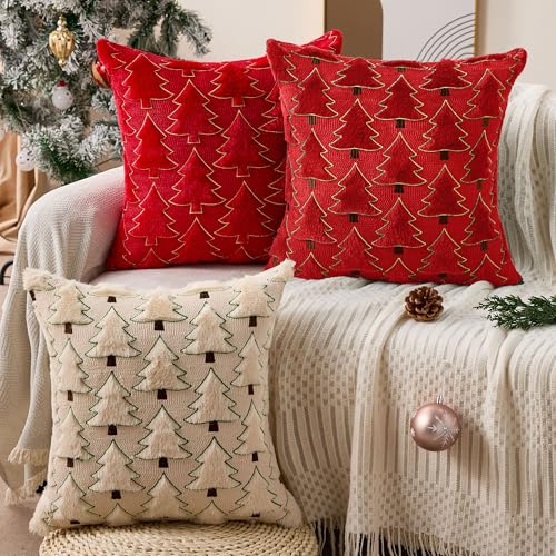 Image of Allorry Christmas Pillow Covers 18x18 inch Set of 2 Christmas Decorations Soft Plush Faux Fur Wool Red Christmas Tree Throw Pillow Cases Winter Holiday Decor for Sofa Living Room PT012B18