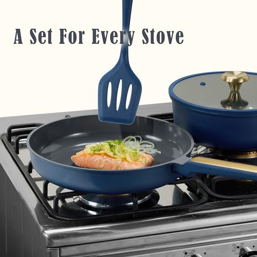 Image of CAROTE 9.5'' and 11'' Nonstick Ceramic Frying Pan Skillet, Non Stick Skillet with Heat Resistant Handle, Healthy & PFOA /PFAS Free, Induction-Compatible,Dishwasher Safe & Includes Silicone spatula,Blue