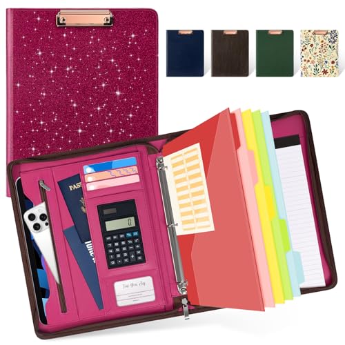 Image of Ospelelf Zipper Clipboard with Storage, Leather Padfolio Portfolio Folder, 3 Ring Binder Dividers with Tabs, 12.1 inch Tablet Sleeve, Refillable Notepad, Card Slot (Rose Red)