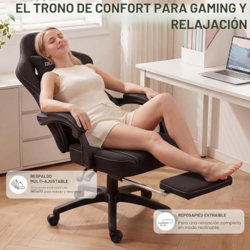 Miniatura 7 de Dowinx Silla De Oficina De Tela Para Videojuegos Con Cojín De Muelles Ensacados, Silla De Masaje Para Gamer Con Reposacabezas, Sillón Ergonómico Para Juegos De Carreras Con Reposapiés Negro