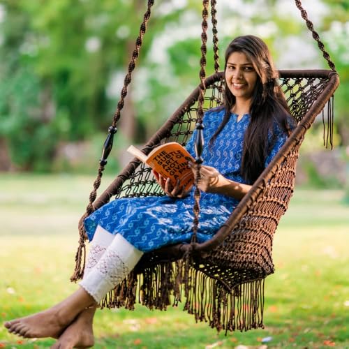 Image of Swingzy Premium Rectangle Swing Chair for Adults | Stylish Indoor Outdoor Hanging Swing | Polyester Blend Large Swing for Balcony | Durable Relaxing Hammock Chair (Accessories Included, Brown)
