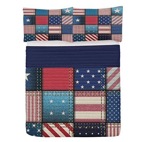 Lunarable United States Microfiber Bedspread Set, American Flag Patchwork Vertical And Horizontal Stripe Star Forms, Soft Bedding Set With Pillow Shams & Comforter, King Size, Red Blue #TOP16