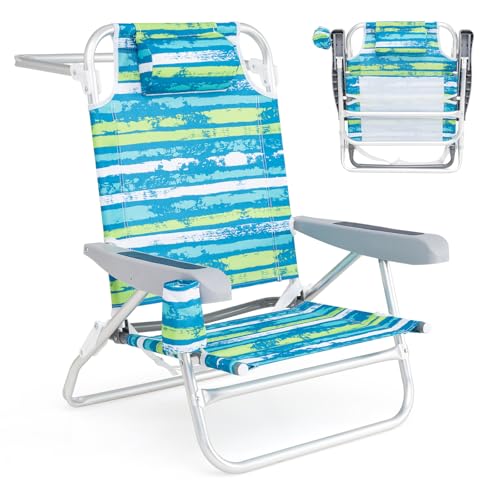 GOPLUS Lot de 2 Chaises de Plage Pliantes, Chaise Camping Réglable 4 Positions, Appui-tête et Porte-gobelet, Accoudoirs, pour Pique-Nique,Charge 150KG (62,5 x 54,5 x 80 cm,Vert,2)