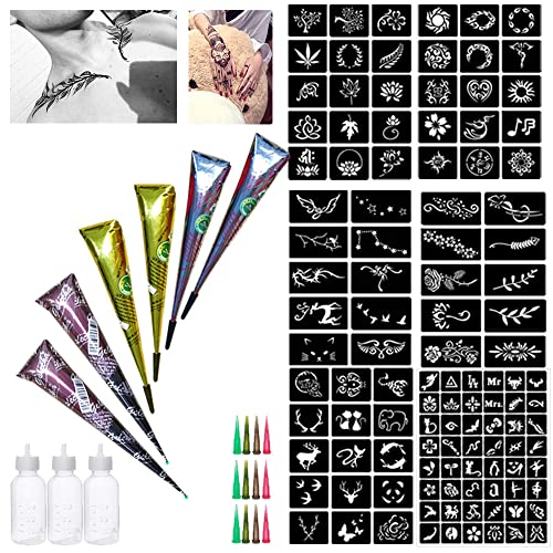6 Natrual India Body Art Painting Temporary Tattoo Kit, Temporary Tattoo Ink Set, 6-Pages Tattoo Template Pattern Stickers Stencils, 3 Bottles, 12 Nozzles (Black*2/Red*2/Brown*2)