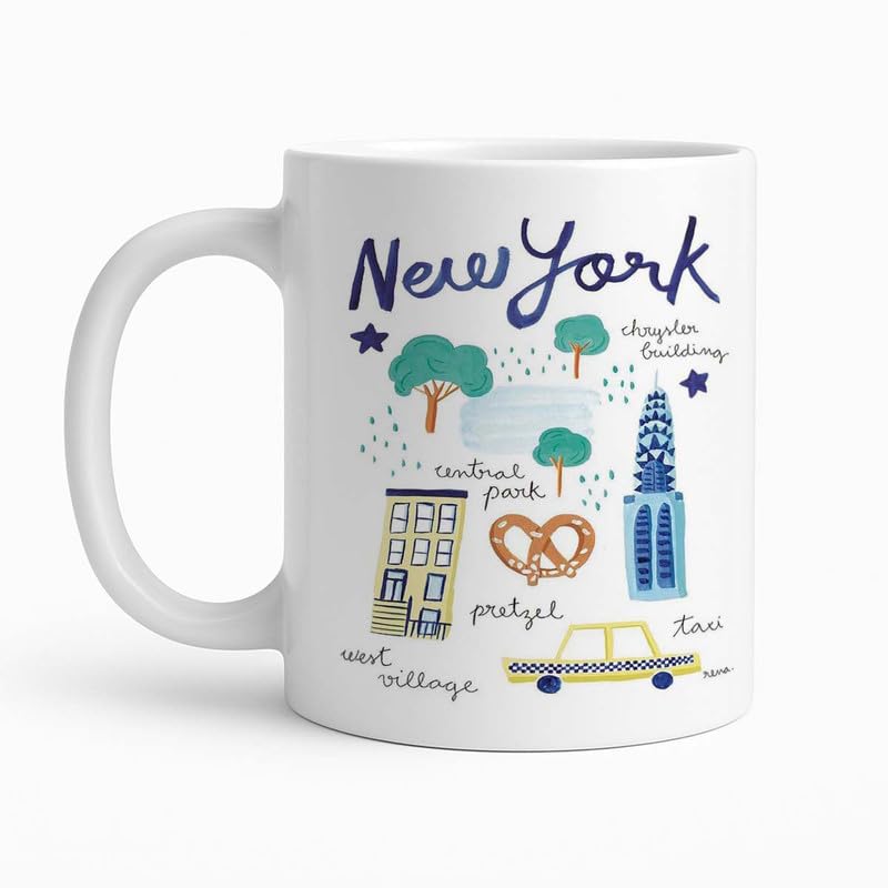 Image of New York City Travel Doodle Mug with Hand-Drawn Icons of Famous Landmarks Like The Chrysler Building, Central Park, and Taxis, Ideal for NYC Fans