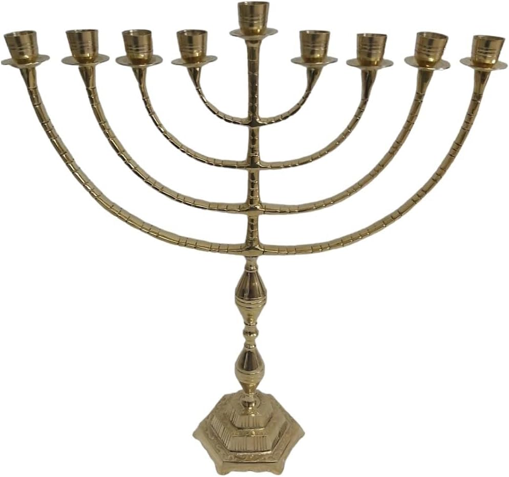 Large Gold Colored Copper Hanukkah Menorah - 9 Branches Hanukkiah for Candles & Oil - Traditional Jewish Holiday Decor & Gift - 18 Inch Tall