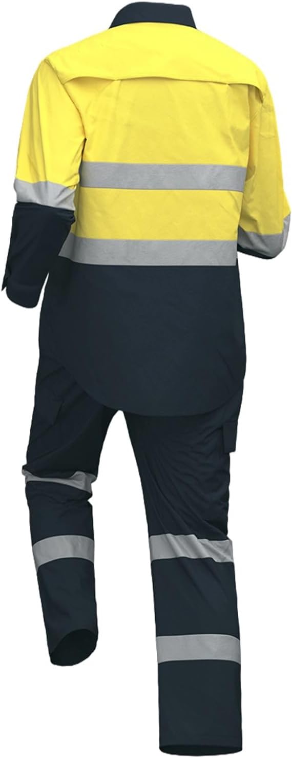 Maizoon Men's High Visibility Polo Shirt Stand Collar Long Sleeve Reflective Tape with Button Hi-vis Two Tone Mesh Uniform