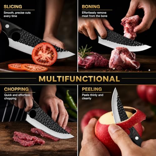 Image of Machado Forged Kitchen Utility Knife with Textured Grip Damascus Blade | Ergonomic Handle & Protective Sheath - Precision Cutting for Meat, Vegetables & Everyday Cooking - Black