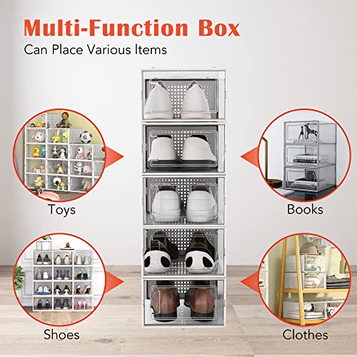 Stackable Shoe Storage Boxes, WAYTRIM 12 Pack Organizer for Closet Clear Plastic Stackable Space Saving Sneaker Drop Front Container Bins Fit to Size 10 - Clear White - Thumbnail 7