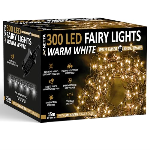 NETTA Christmas Tree Lights 300 LED 15m Fairy String Lights Plug in with Timer and Memory Functions for Outdoor/Indoor Use -Warm White