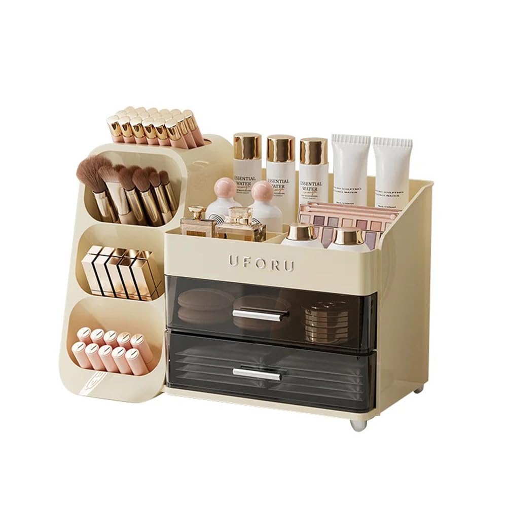 Large Capacity Modern Elegant Makeup Organizer, Cosmetic Display Cabinet with 7 Compartments, Drawers, Suitable for Dressing Table, Bathroom, Office Desk in White, Grey