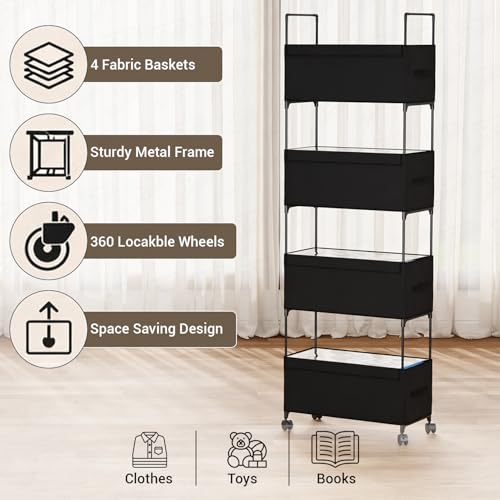 Image of Lukzer 4-Tier Clothes Organizer Basket with Wheels | Fabric Closet Storage Rack for Folded Clothes | Metal Rolling Wardrobe Shelf for Bedroom Closet & Laundry Room (Black /28x57x180 cm)