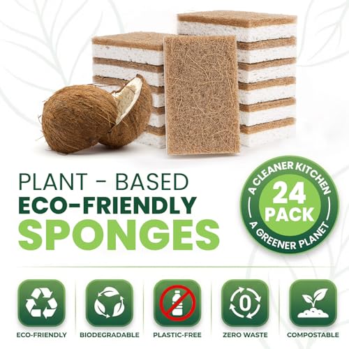Image of Metflavor Kitchen Sponges, 24 Count, Natural Sponge with Coconut Scrubber | Plant-Based, Non-Toxic, Biodegradable & Compostable, Non-Scratch, All-Purpose Cleaning