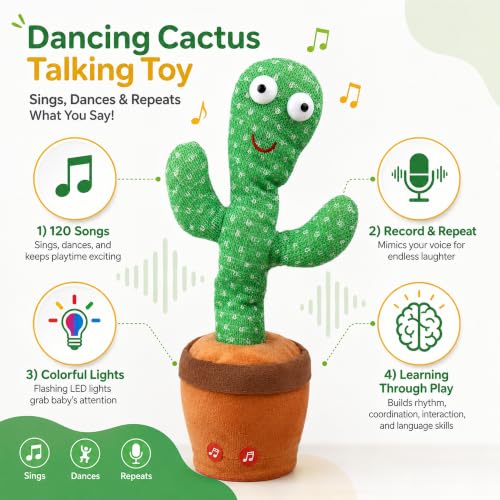 Image of TrollGadgets Talking Dancing Cactus Toy for Kids with Singing, Recording & Repeat Function | Songs, LED Lights, Interactive Musical Toy | Funny Educational Baby Toy & Home Decor Gift for Boys & Girls