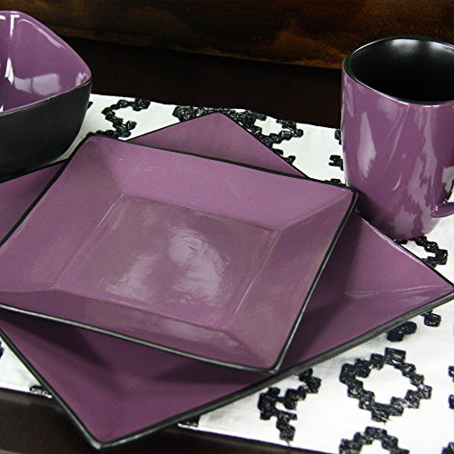 Elama Stoneware Square Dinnerware Dish Set, 16 Piece, Solid Purple #TOP4