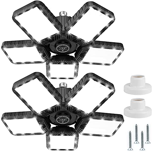 LED Garage Lights 2-Pack 12000LM Deformable Garage Light 6500K 5-Leaf Garage Ceiling Light, LED Shop Light with Adjustable Multi-Position Panels, Daylight Shop Lights for Workshop Workbench Barn
