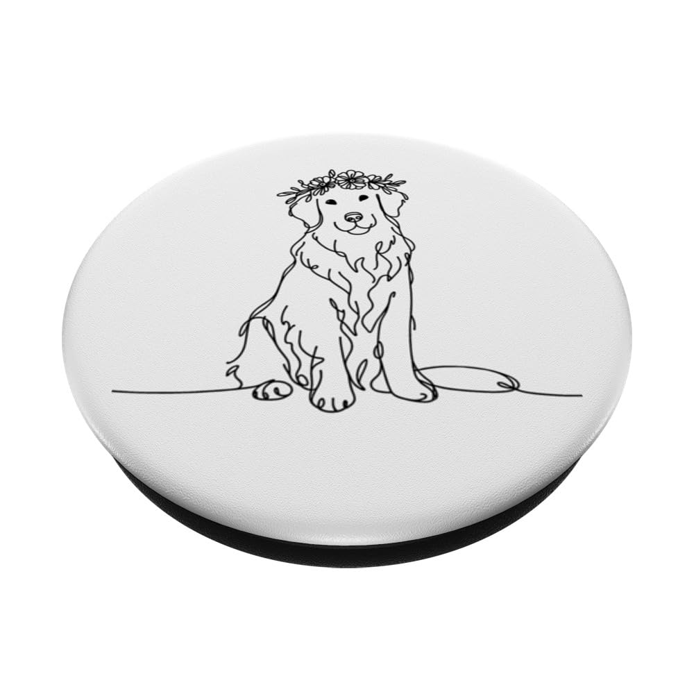 One Line Doodle Golden Retriever Flower Crown Dog Lover Gift PopSockets Swappable PopGrip, Black - Image 2