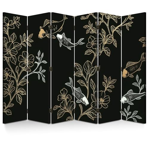 6 Panels Folding Screen Room Divider Fish koi Japanese Chinese Design Sketch Ink Paint Style Canvas Screen Room Separator Freestanding Protective Decorative Divider Privacy Partition