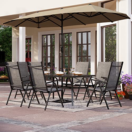 PHI VILLA 7 Piece Outdoor Dining Set with Umbrella, Patio Furniture Dining Set with Foldable Patio Chairs & Outdoor Table for Yard & Garden