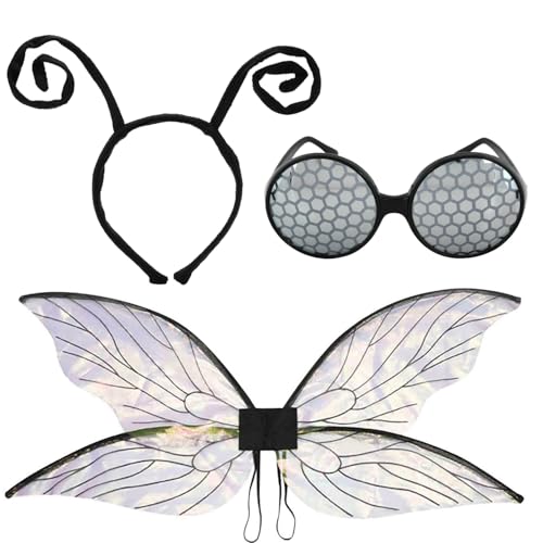 Ensemble d'accessoires de costume de mouche, ailes d'insectes, antenne papillon, bandeau et lunettes, accessoire de costume de libellule pour femme, fête d'Halloween, déguisement de cosplay