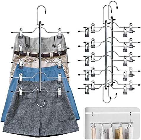 CINKSY Pants Skirt Hangers Space Saving 5 Tier Metal Skirt Hanger with Adjustable Clips Pants Trouser Hangers Closet Organizer for Jeans, Slacks, Shorts - 3 Pack