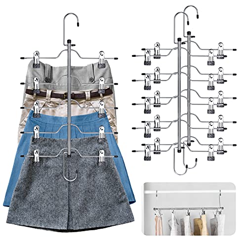 Cinksy Pants Skirt Hangers Space Saving 5 Tier Metal Skirt Hanger With Adjustable Clips Pants Trouser Hangers Closet Organizer For Jeans, Slacks, Shorts - 3 Pack #TOP17
