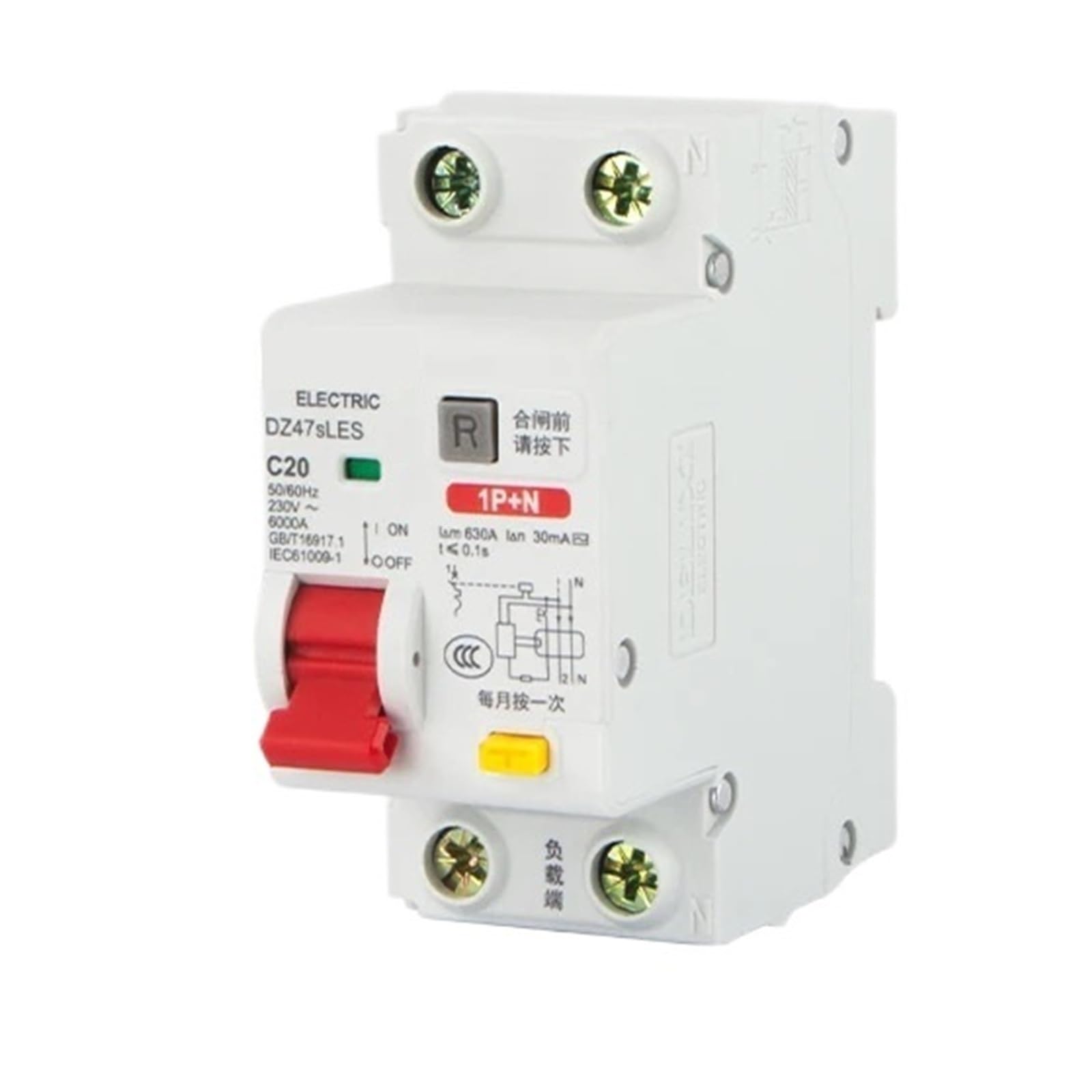 Disyuntor 2P 20A DZ47 con protección contra fugas de corriente para riel Din AC 230V 3