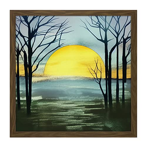 Wee Blue Coo Silhouette Trees at Sunset Sunrise Winter Forest Green Watercolour Painting Square Wooden Framed Wall Art Print Picture 16X16 Inch Cover