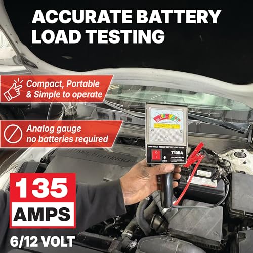 Image of Professional 135 Amp Battery Load Tester, 6V 12V Automotive Charging System Analyzer with Easy-Read Gauge, Copper Jaw Clamps for Car, Motorcycle, Marine Batteries