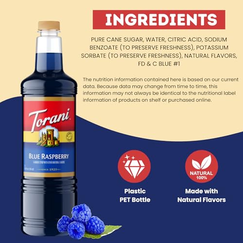 Image of Torani Blue Raspberry Syrup 1L with Pump - Snow Cones & Cocktails