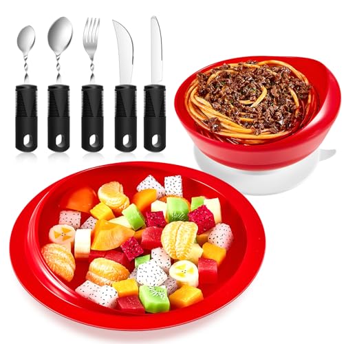 2 Sets Adaptive Utensils Bowl and Plate Set Adaptive Self Feeding Dinnerware with Suction Base Non Slip Bendable Cutlery for Elderly Disabled Hand Tremors Arthritis Parkinson(Red)