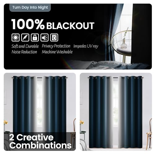 Image of SimpleHome Ombre Navy Blue 100% Blackout Bedroom Curtains White Liner 84L