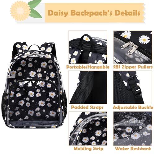 Kimwadalh Heavy Duty Clear Backpack, Black Daisy TPU See Through backpack for Women, Lightweight Clear Book Bag for School College Work Travel Beach Swim3