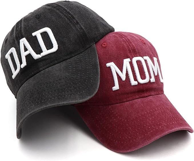 Mom and Dad Hats Fathers Day Mom Dad Gifts Hat Embroidered Adjustable Baseball Caps Gift for Couples Parents (Red Mom Hat and Black Dad Hat)