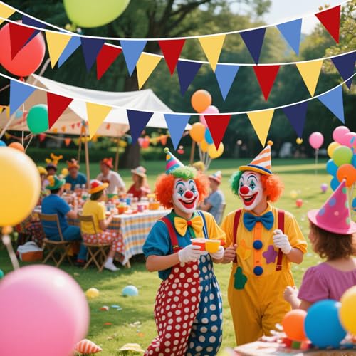 Image of Red Blue Yellow Pennant Banner Garland Bunting Decorations for Circus Clown Carnival Birthday Wedding Outdoor Hanging Festivals 33Feet 32 Flags