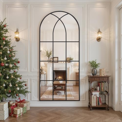 Image of Arched Window pane Full Length Mirror 24 inchx65 inch, Full Body Standing Mirror, Window Shaped Farmhouse Style with Aluminum Frame, Decor Wall Mirrors for Living Room, Courtyard, Bedroom, Entryway, Black