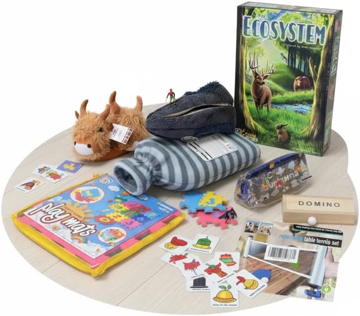 B4E Gift Box, Toys and Games Assortment with Board Games, 3D Puzzles and Household Items, Includes Ludo, Snakes and Ladders, Mug, Hot Water Bottle and Home Accessories