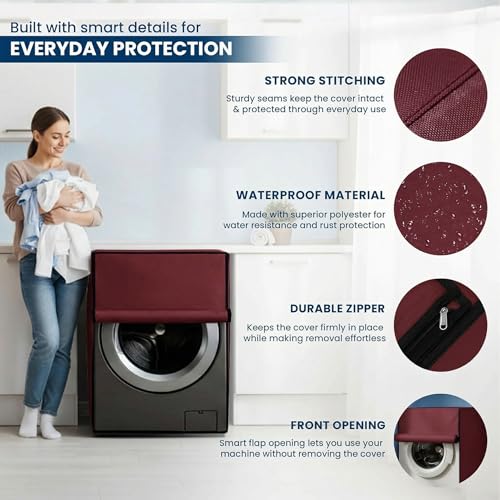 Image of Waterproof & Dustproof Front Load Washing Machine Cover Compatible for LG 12kg (FHD1208STB) | UV-Protective Washing Machine Cover | Anti-Slip Polyester | Easy to Clean & Zipper (Maroon)