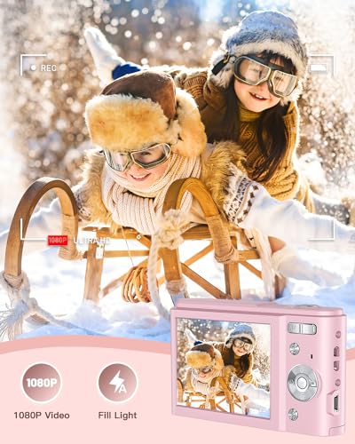 Digital Camera, Kids Camera 1080P 36MP Video Camera with Two Batteries, Time Stamp Antishake 16X Zoom, Compact Portable Camera Christmas Birthday Gift for Children Kid Teen Student Girl Boy(Rose Pink)