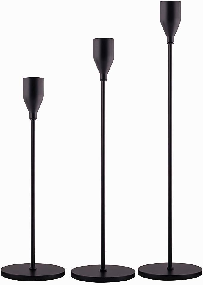 Matte Black Candle Holders Set of 3 for Taper Candles, Decorative Candlestick Holder for Wedding, Dinning, Party, Fits 3/4 inch Thick Candle&Led Candles (Metal Candle Stand)