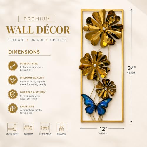 Image of SHREE 'O' GREEN TECH - Decorative Big Gold Metal Floral Butterfly Wall Hanging Art Frame Showpiece for Living Room Bedroom Drawing Room Interior Decor (Size 12x34 Inch)