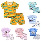 Sommer Kurz Schlafanzug Baby Kinder Mädchen Jungen Baumwolle Zweiteiliger Schlafanzüge Cartoon-Druck Nachtwäsche Rundhals Kurzarm Pyjama Set 50 56 62 68 74 80 86 92 98 104 110 (Rosa A, 12-18 Monate)