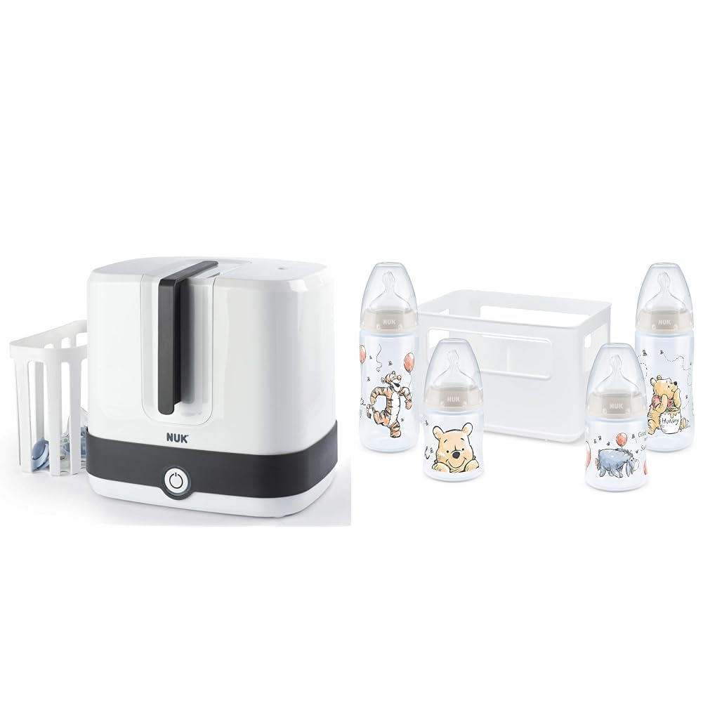 Nuk 10251013 Sterylizator, Szary/Czarny, Do 6 Butelek & NUK First Choice+ Zestaw początkowy butelek dla niemowląt