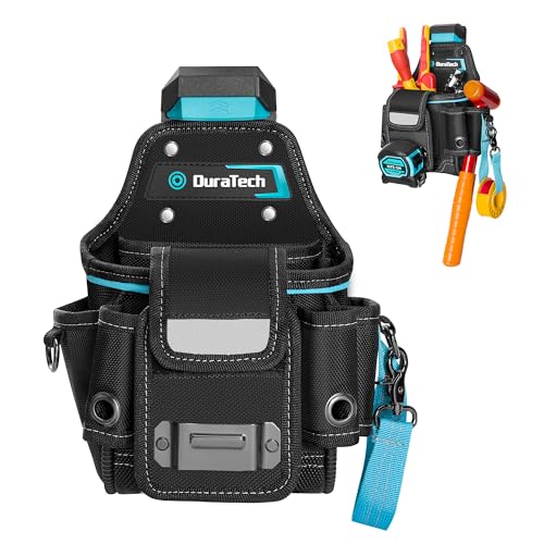 DuraTech Tool Pouch with Belt Clip, Electrician Tool Pouch with Tape Measure Holder & Hammer Loop, Quick Release Buckle, Expandable Support Frame, Ide